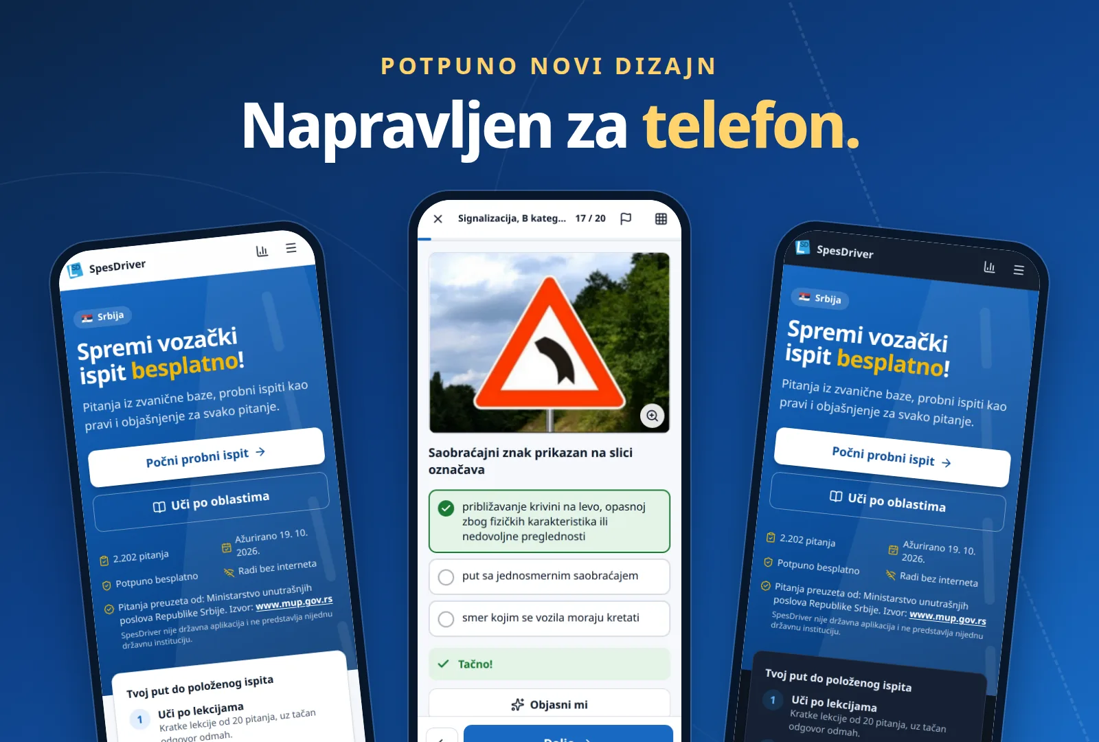 Novi dizajn na tri telefona: početna strana u svetloj i tamnoj temi i pitanje sa saobraćajnim znakom