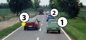 Slika uz pitanje: U situaciji prikazanoj na slici vozaču vozila označenog brojem 3 preticanje vozila označenog brojem 2