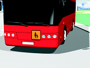 Slika uz pitanje: Kako ćete postupiti, ako je autobus, označen kao na slici, zaustavljen na kolovozu zbog ulaska i izlaska djece?