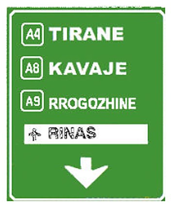 Figura e pyetjes: Sinjali në figurë tregon korsinë e autostradës, që duhet zgjedhurpër të shkuar në destinacionet e shënuara.