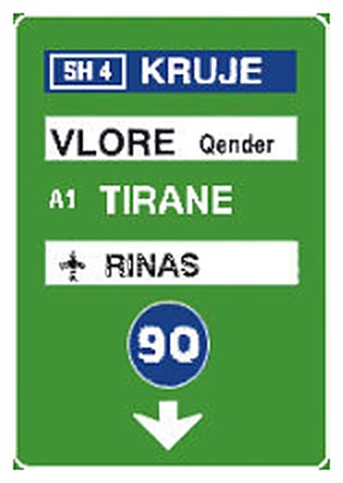 Figura e pyetjes: Sinjali në figurë tregon korsi autostrade, me kufi të shpejtësisë minimale, për të shkuar në destinacionet e shënuar në…