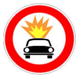 Figura e pyetjes: Sinjali në figurë ndalon qarkullimin e mjeteve që transportojnë lëndë plasëse ose që ndizen lehtë.