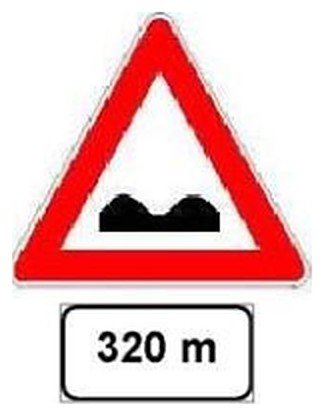 Figura e pyetjes: Sinjali i shoqëruar me panelin plotësues, si në figurë, paralajmëron rrugë të deformuar pas një distance prej 320 metra
