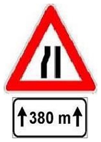 Figura e pyetjes: Sinjali në figurë paralajmëron një ngushtim rruge, nga e majta, me gjatësi prej 380 metra.