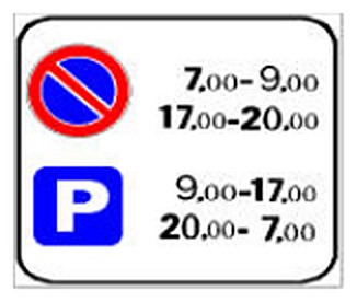 Figura e pyetjes: Sinjali në figurë ndalon pushimin e mjeteve nga ora 7:00 deri në orën 9:00 dhe nga ora 17:00 deri në orën 20:00.