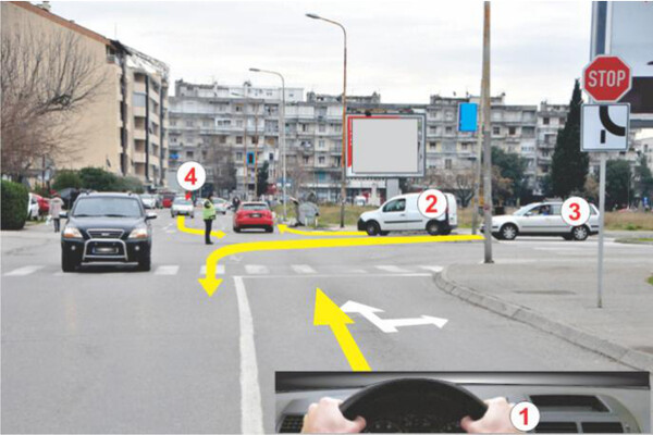 Slika uz pitanje: Kako ćete postupiti u situaciji prikazanoj na slici, kada policijski službenik bočno ispruženih ruku i tijelom okrenuti…