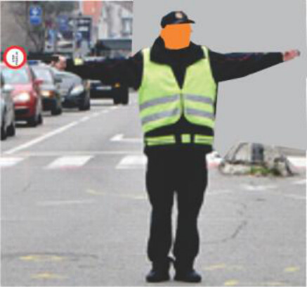 Slika uz pitanje: Znak koji daje policijski službenik, kao na slici može se davati:
