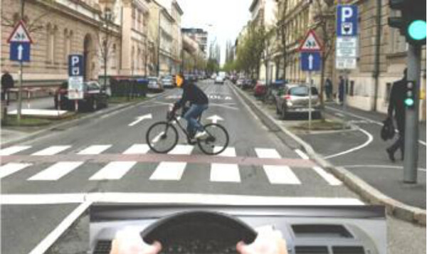 Slika uz pitanje: Ako je biciklista ušao u raskrsnicu na crveno svijetlo na semaforu u smjeru svog kretanja, kao na slici: