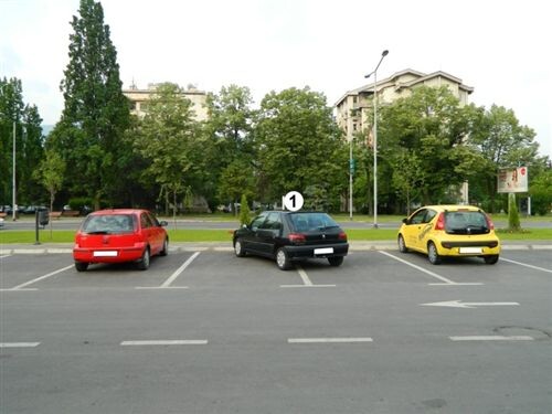 Слика за прашањето: Возачот на патничкото возило означено со број 1, на сообраќајната површина наменета за паркирање на возила: